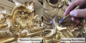 Picture frame restoration before showing two restoration processes water-gilding